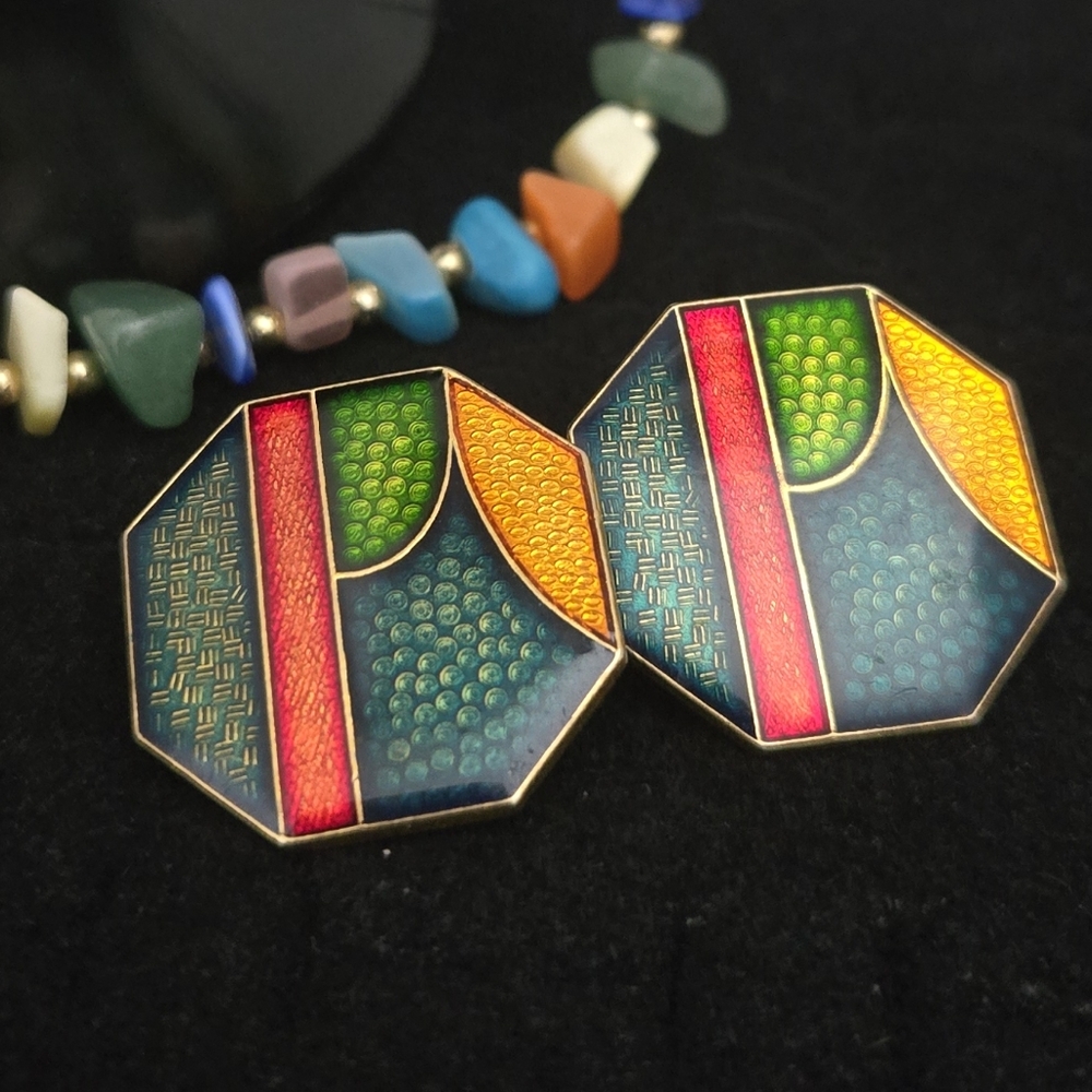 VTG. PIERRE BEX STYLE ART DECO ABSTRACT OCTAGON SHAPE PIERCED EARRINGS